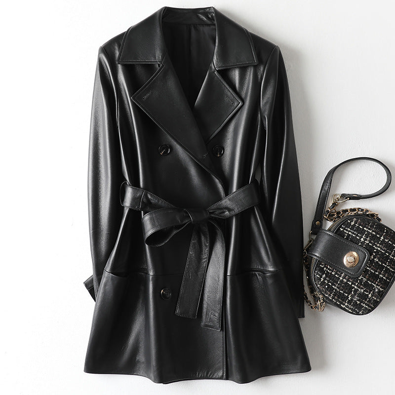 Fashion Trendy Middellange  Blazer Jacket van PU- Leer met Knoopsluiting en Riem voor Dames & Plus-size