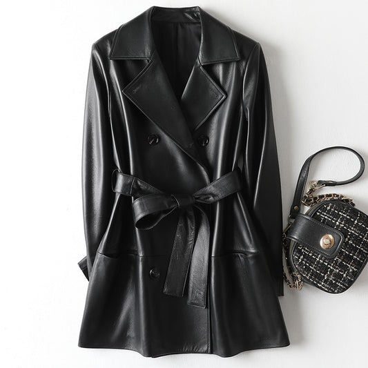 Fashion Trendy Middellange  Blazer Jacket van PU- Leer met Knoopsluiting en Riem voor Dames & Plus-size