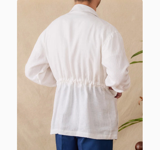 Trendy Losse Linnen Jacket met Knoopsluiting en Trekkoord voor Heren