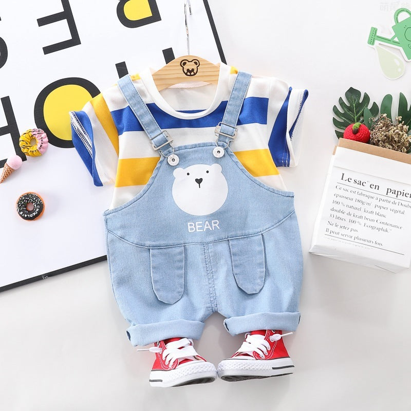 2-delig Outfit Gestreept Casual T-shirt met Korte Mouwen & Blauw Overall met Beerprint voor Baby's/ Peuters