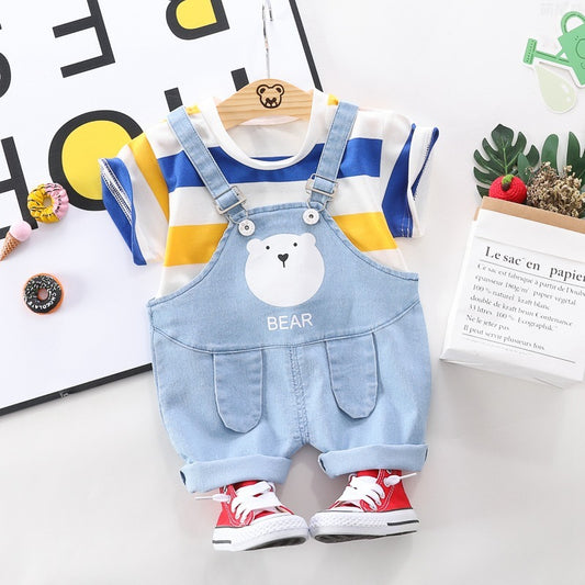 2-delig Outfit Gestreept Casual T-shirt met Korte Mouwen & Blauw Overall met Beerprint voor Baby's/ Peuters