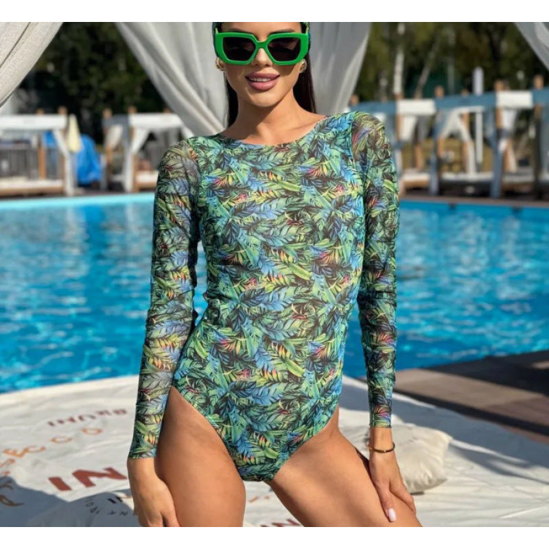 Europese Elegante ééndelig Effen Kleur Strand Bodysuit/ Badpak met All-Over Bedrukking en Lange Mouwen