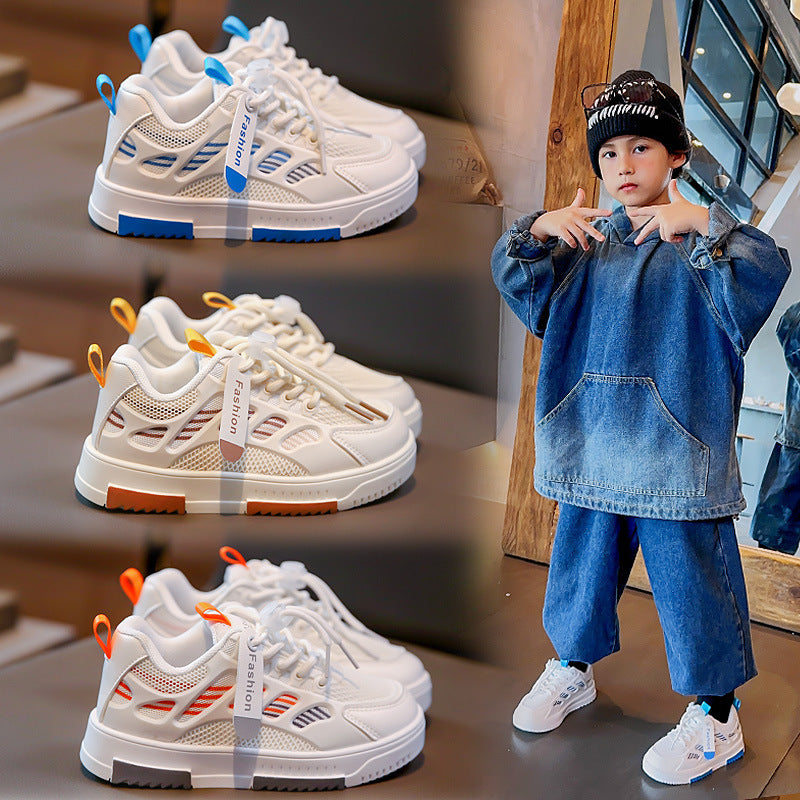 Modieuze Handbeschilderd Casual Mesh Laag Gestreepte Sportsneakers van PU-Leer met Vetersluiting voor Kids & Teenager