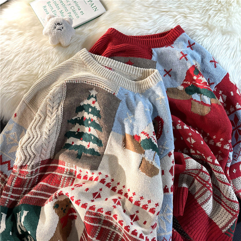 Kerstmis Casual Vintage Oversized Ronde Hals Gebreide Kerst Trui met Kerstmismotief voor Heren