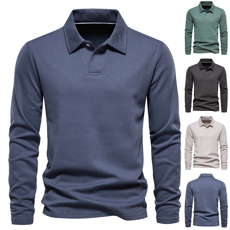 Fashion Uniek Designer Casual Revers Poloshirt in Effen Kleur met Lange Mouwen voor Heren