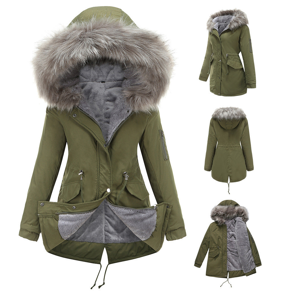 Casual Parka Katoenen Gewatteerde Middellange Winterjas met Bontkraag Capuchon en Ritssluiting voor Dames & Plus-size