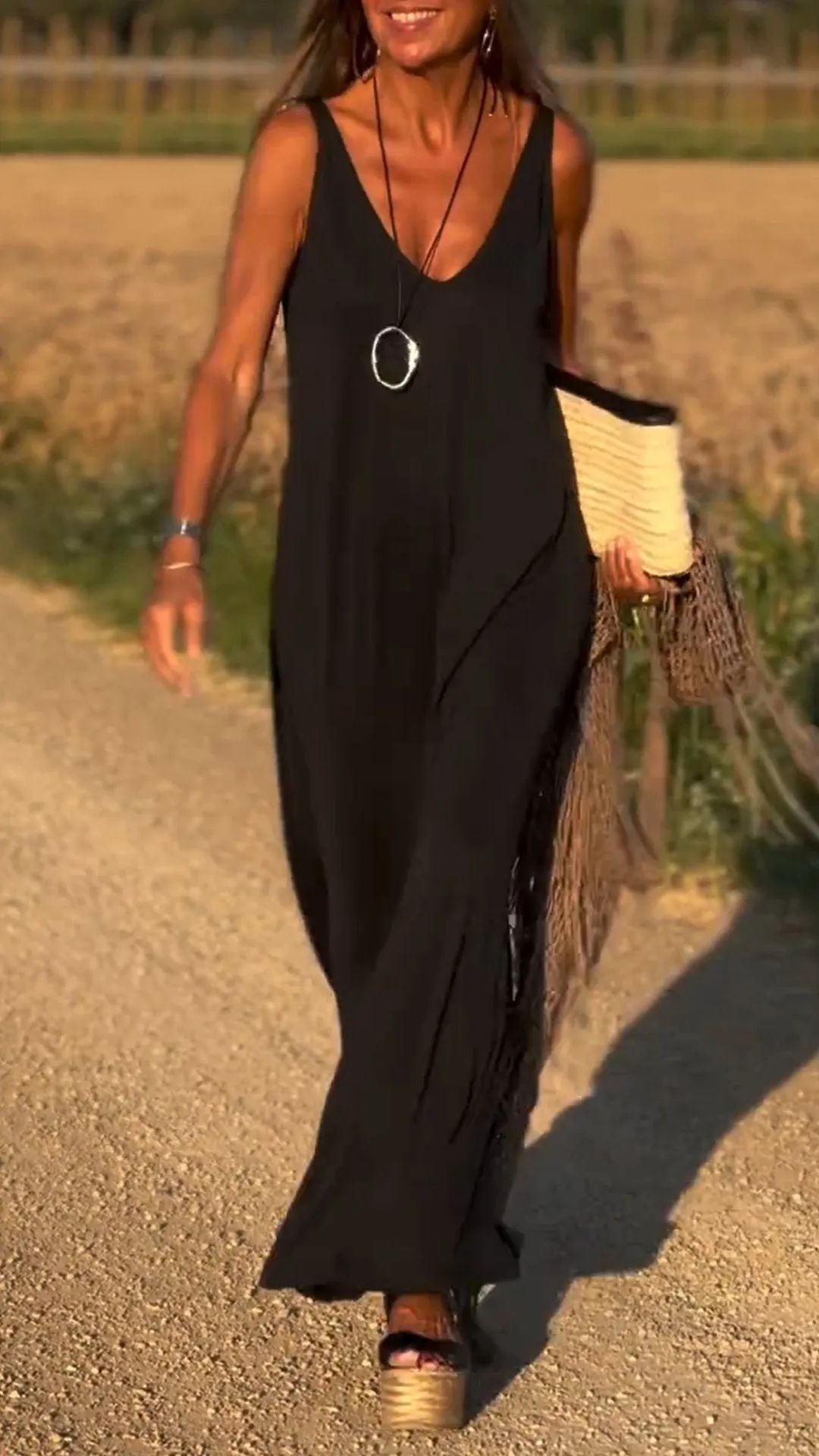 Trendy Casual Mouwloze V-hals Maxi-jurk in Effen Kleur Dames & Plus-size