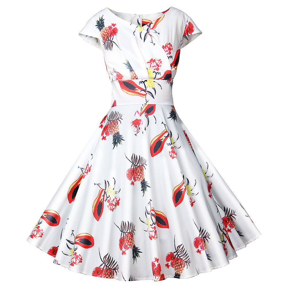 Hepburn Style Vintage Cocktail-jurk met Korte Mouwen en Printpatroon voor Dames & Plus-size