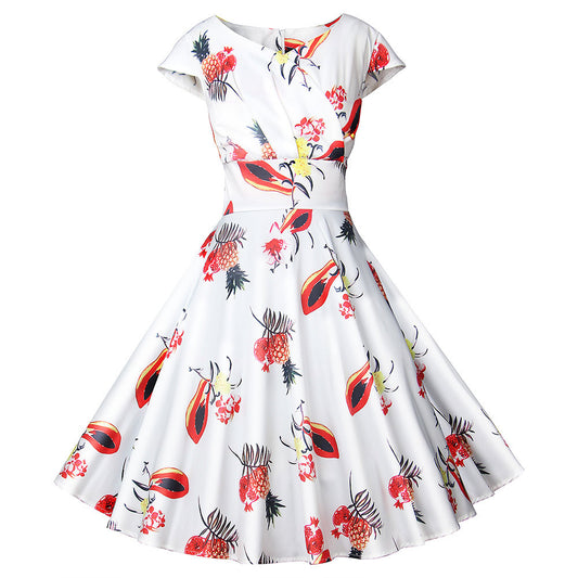 Hepburn Style Vintage Cocktail-jurk met Korte Mouwen en Printpatroon voor Dames & Plus-size