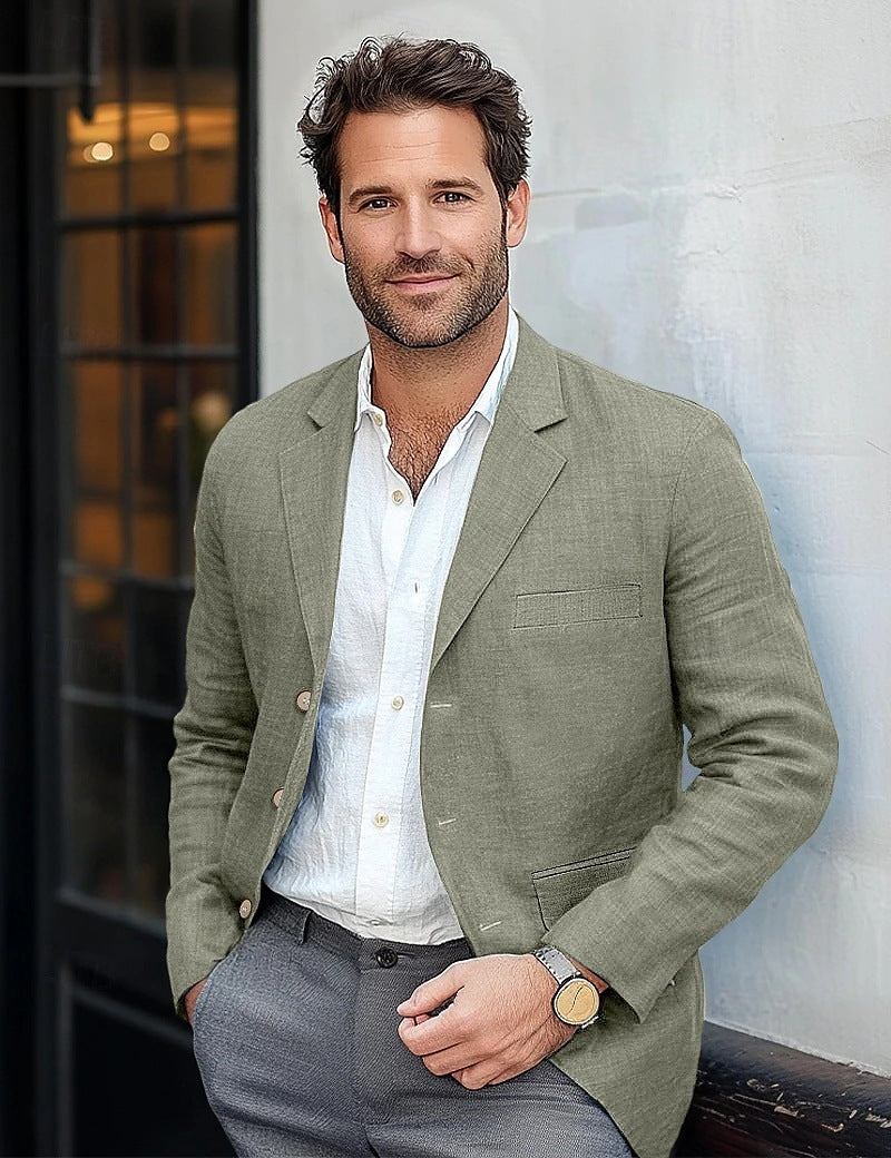 Retro Casual Effen Kleur Katoenen en Linnen Blazer met Knoopsluiting voor Heren & Jongens