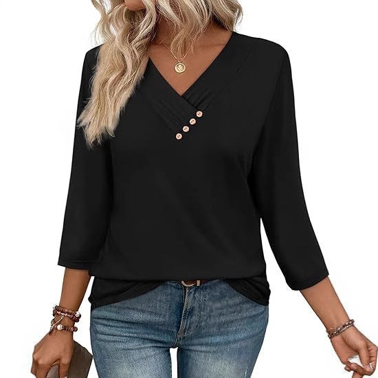 Amerikaanse Elegante Casual V-hals Shirt met knoopsluiting en Lange Mouwen voor Dames & Plus-size