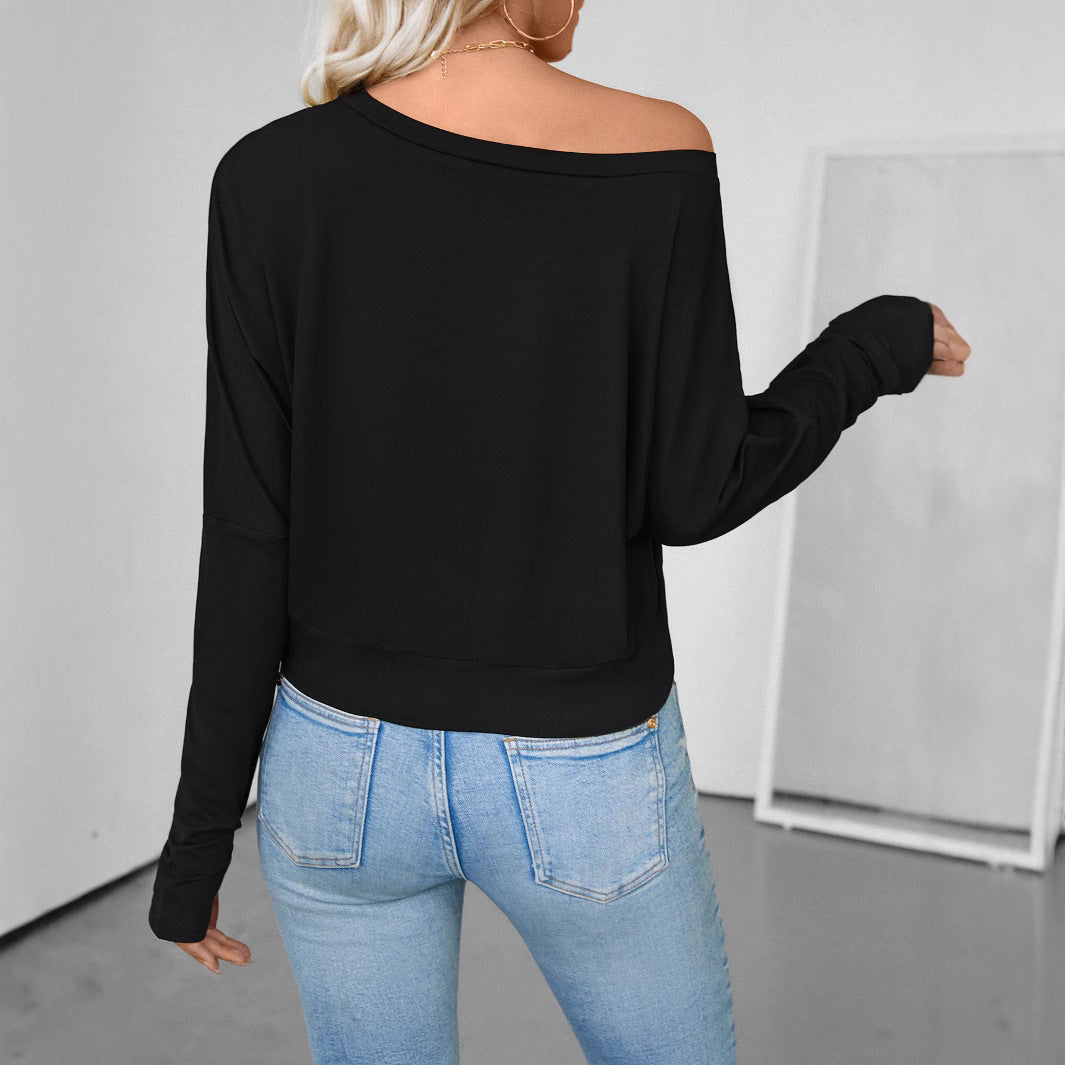 Europese Elegante Effen Kleur Off-Shoulder Cropped Top met Lange Mouwen voor Dames & Plus-size