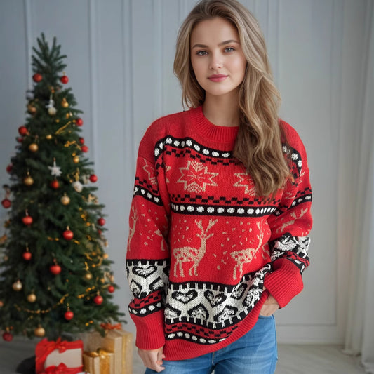 Kerstmis Unieke Casual Gebreide Jacquard Kerst-Trui met Gebreide Kerstprint en Ronde Hals voor Dames & Meiden