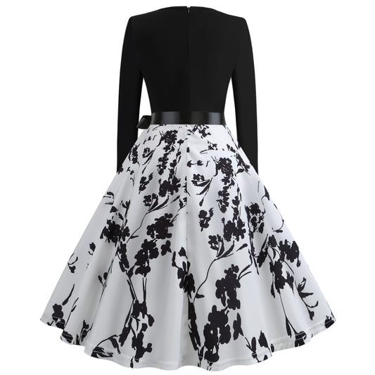 Hepburn Style Vintage Bloemenprint Hoge Taille Swingjurk met Ronde Hals en Lange Mouwen voor Dames & Plus-size