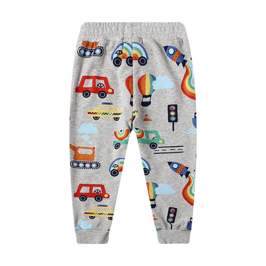 Trendy Casual Effen Kleur Pyjama/Joggingbroek met Bedrukte All-Over Voertuigenprint voor Kinderen (2-7Y)