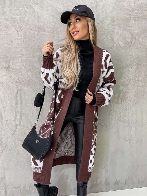 Europese en Amerikaanse Lange Cardigan Trui met Diamantpatroon voor Dames/ Plus-size & Meiden