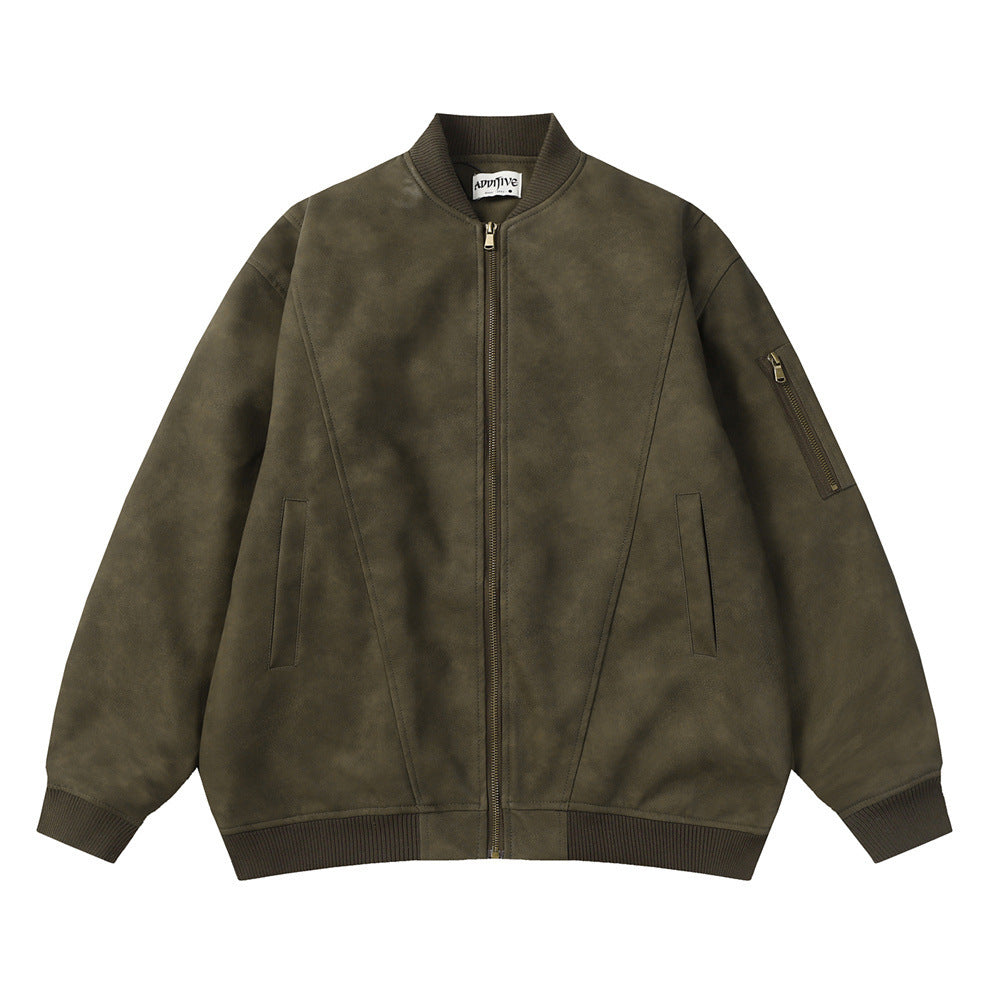 Distressed Casual Legergroene Losse Jas van PU -Leer met Rits voor heren