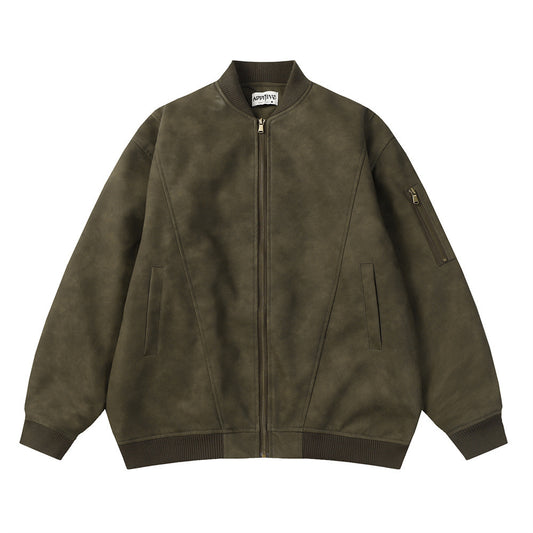 Distressed Casual Legergroene Losse Jas van PU -Leer met Rits voor heren