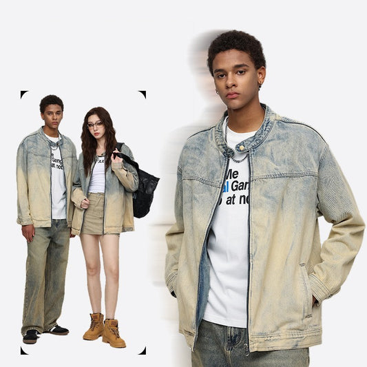 Vintage Casual Washed Deminjacket met Ritssluiting voor Heren & Dames/Plus-size