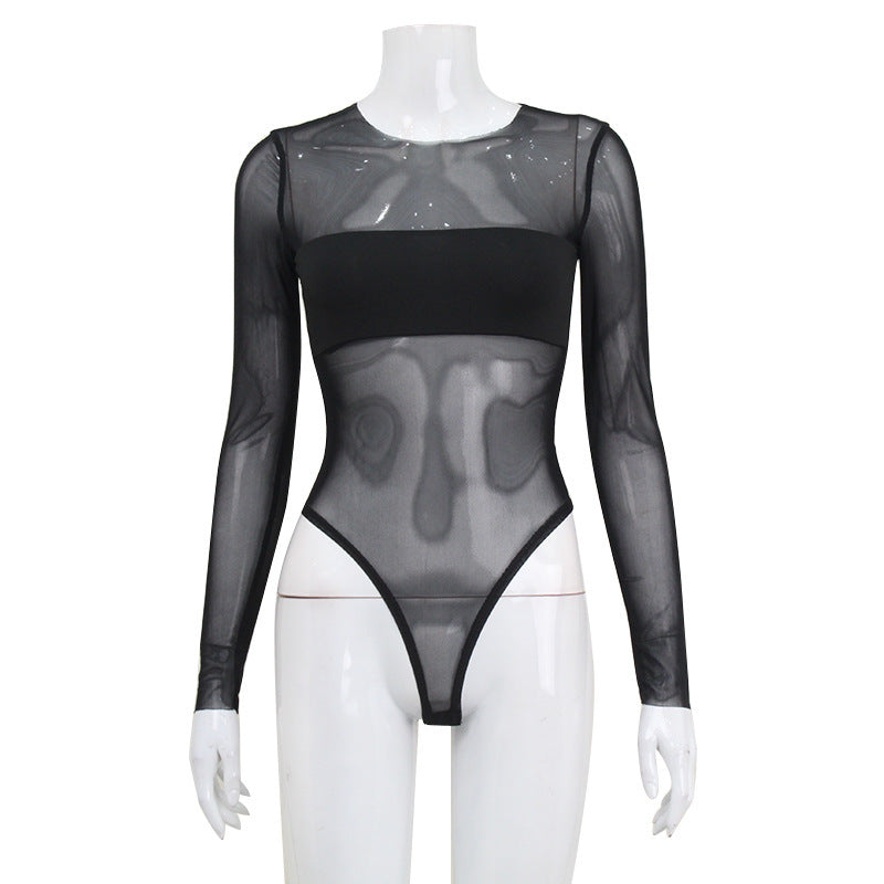Amerikaanse Modieuze Afslankende Sexy Lange Mouwen Body-jumpuit van Mesh met Patchwork voor Dames