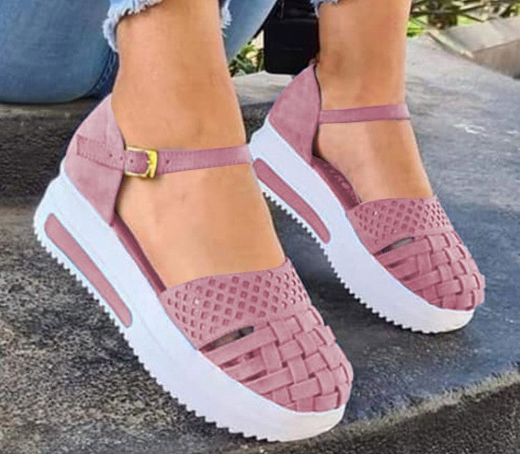 Europese en Amerikaanse Modieuze Casual Effen Kleur Ronde Neus Sandalen met Gespsluiting en Dikke Rubber Zool voor Dames & Meiden