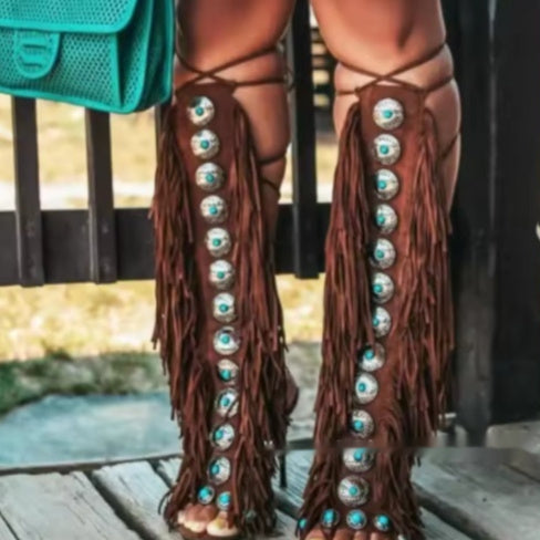 Europese en Amerikaanse Elegante Effen Kleur Sandaletten Laarzen van PU-Leer in Native Stijl met Franjes en Vetersluiting voor Dames & Meiden