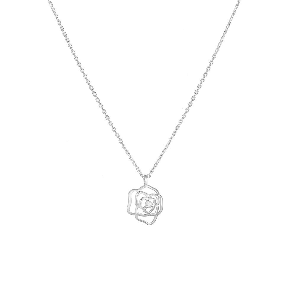 S925 Elegante Franse Retro Hollow Roos Sterling Zilveren Ketting met Zirkonia voor Dames