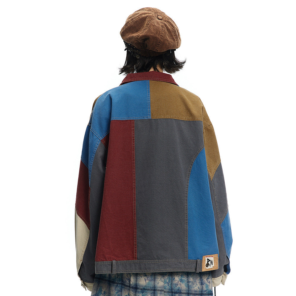 Retro Casual Losse Multi-pocket Spijkerjacket met Pathwork voor Dames/ Plus-size & Heren