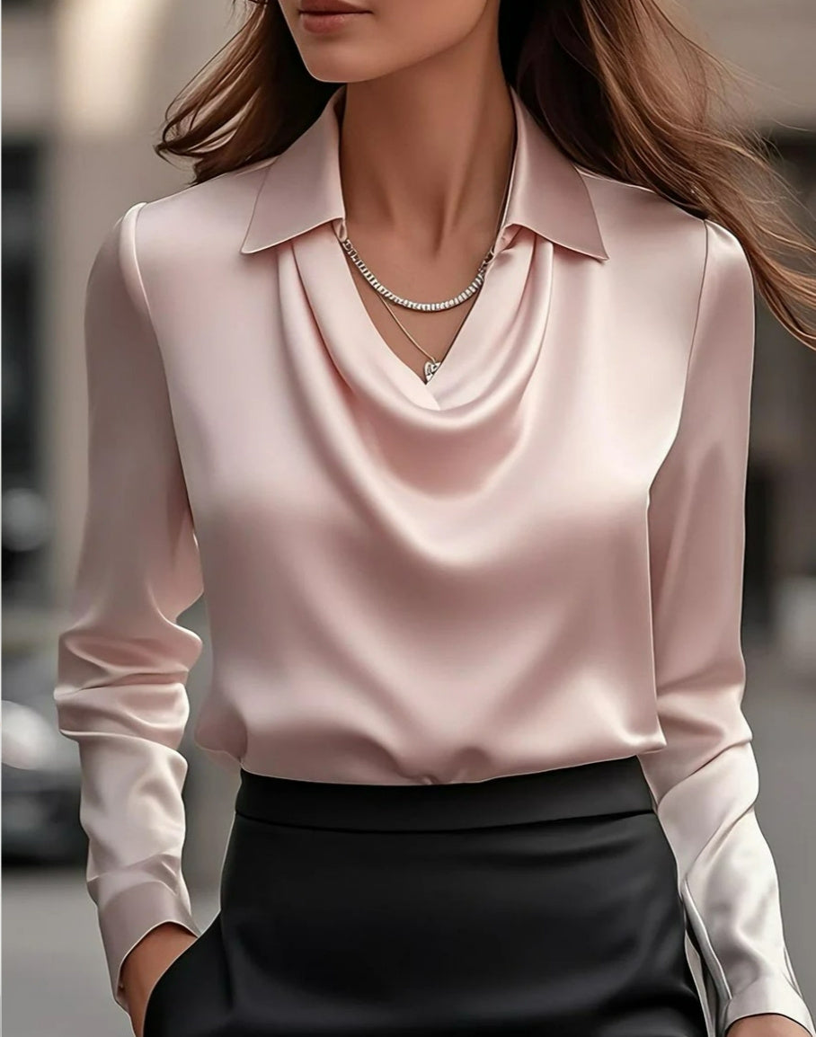 Basic/ Bedrukte Elegante Uniek Swing Collar Gedrapeerde Effen Satijnen T-shirt met Lange Mouwen voor Dames/Plus-size & Meiden