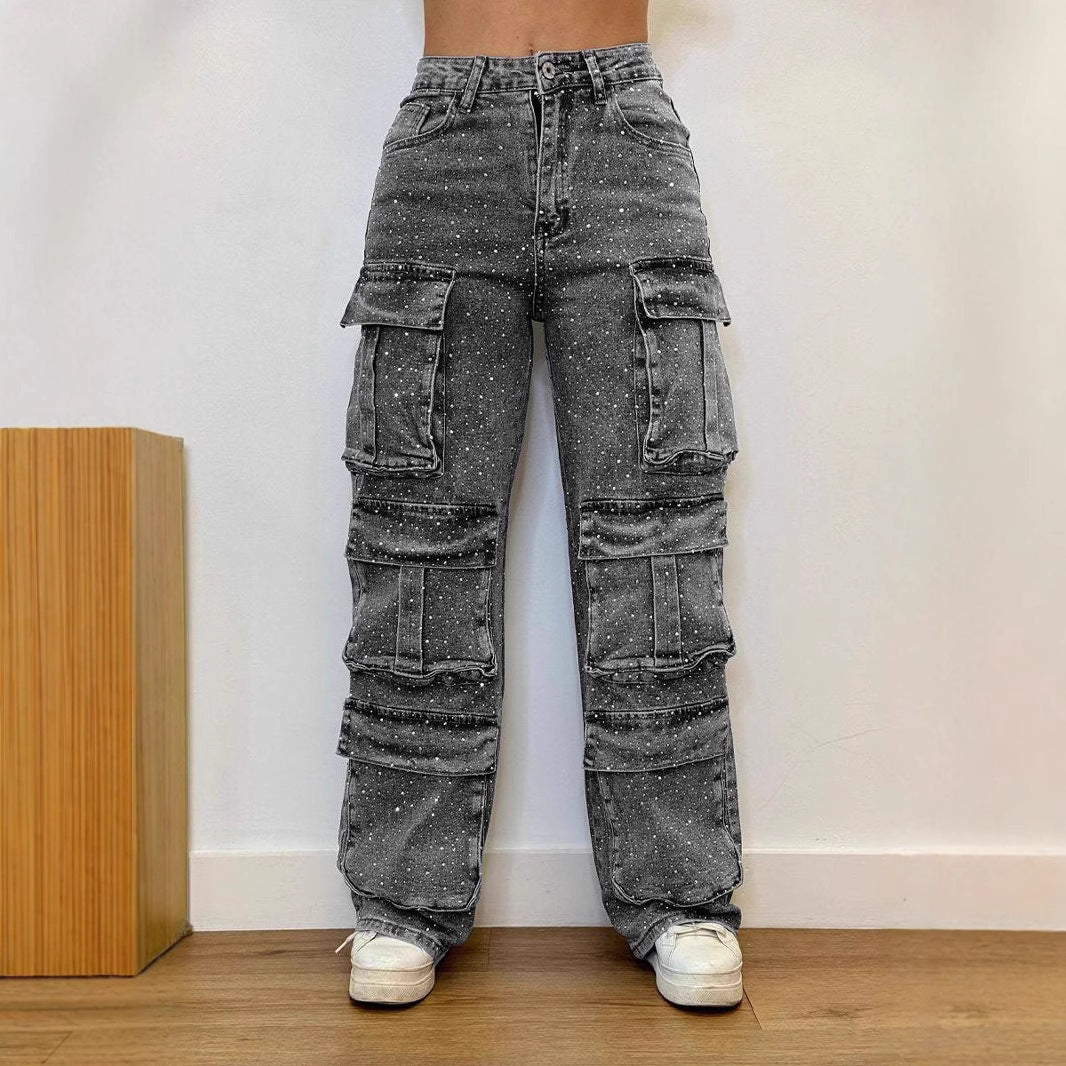 Casual Elegante Sprankelende Rinestone Multipocket Wide Leg Cargo Demin Jeans voor Dames & Plus-size