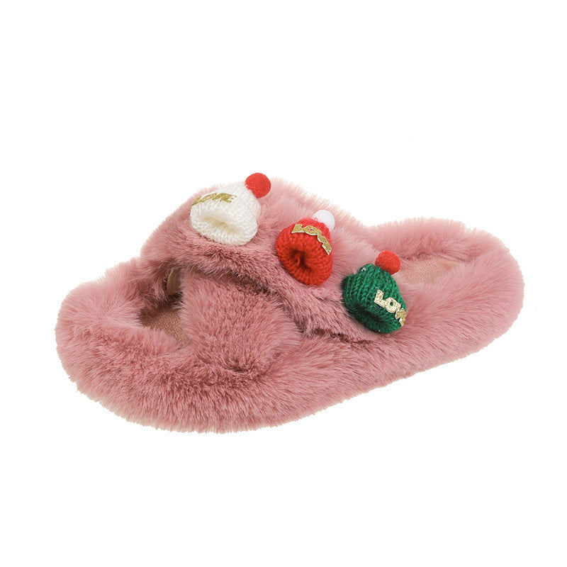 Kerstmis Winterse Warme Katoenen Teenbedekkende Kerstpantoffels van Pluche met Gebreide Kerstmutsjes voor Binnen in Huis voor Dames & Meiden