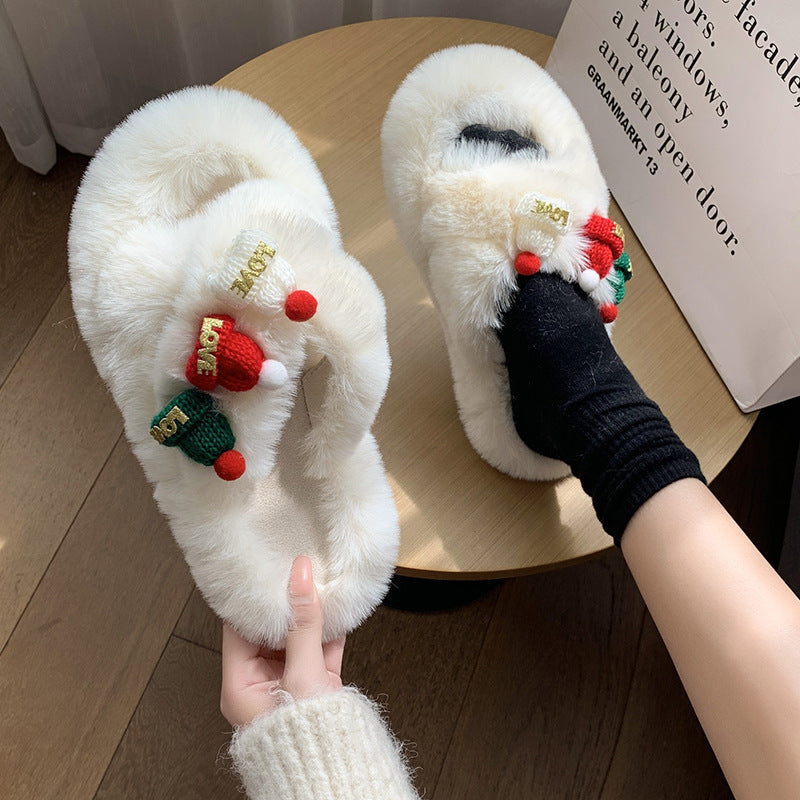 Kerstmis Winterse Warme Katoenen Teenbedekkende Kerstpantoffels van Pluche met Gebreide Kerstmutsjes voor Binnen in Huis voor Dames & Meiden