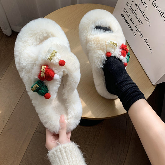 Kerstmis Winterse Warme Katoenen Teenbedekkende Kerstpantoffels van Pluche met Gebreide Kerstmutsjes voor Binnen in Huis voor Dames & Meiden