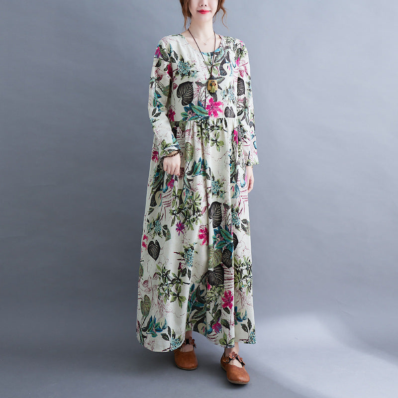 Literaire Stijl Oversized Bloemenprint Katoenen Maxi-jurk met Lange Mouwen en Ronde Hals voor Dames & Plus-size