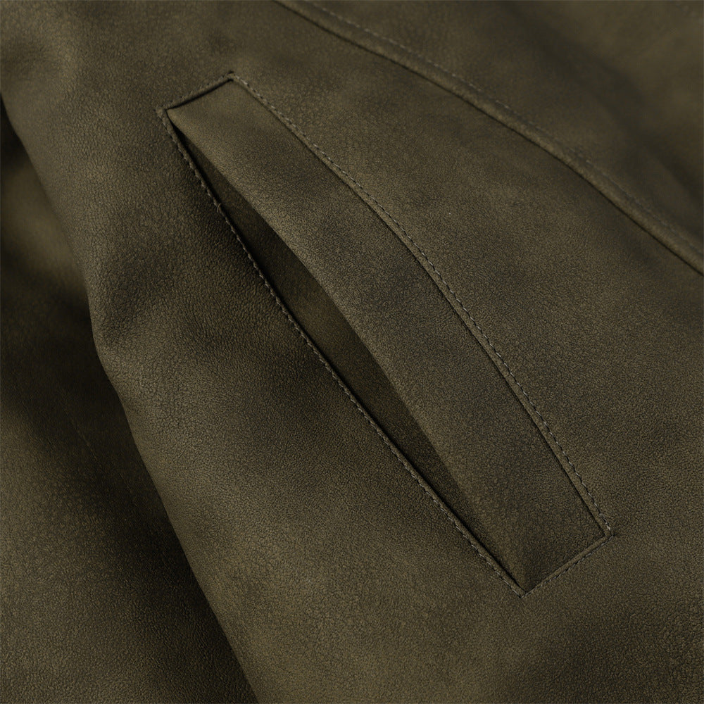 Distressed Casual Legergroene Losse Jas van PU -Leer met Rits voor heren