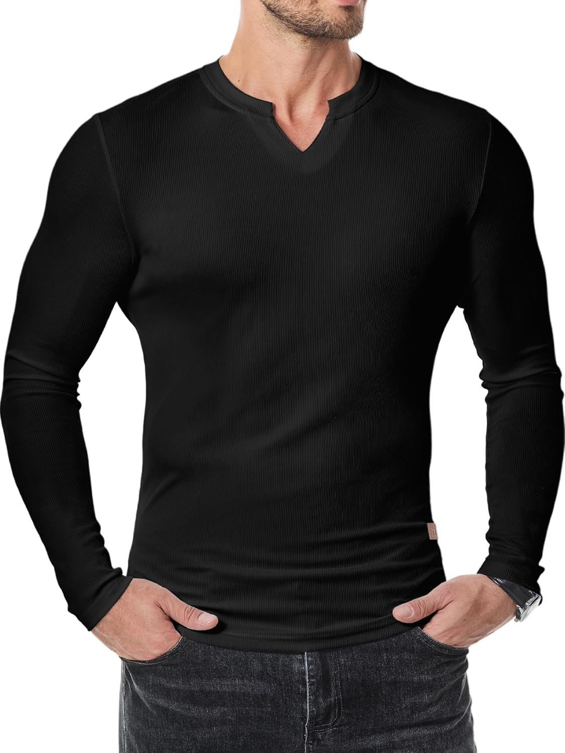 Fashion Casual Effen Kleur Slim Fit T-shirt met Kleine V-hals en Lange Mouwen voor Heren & Jongens