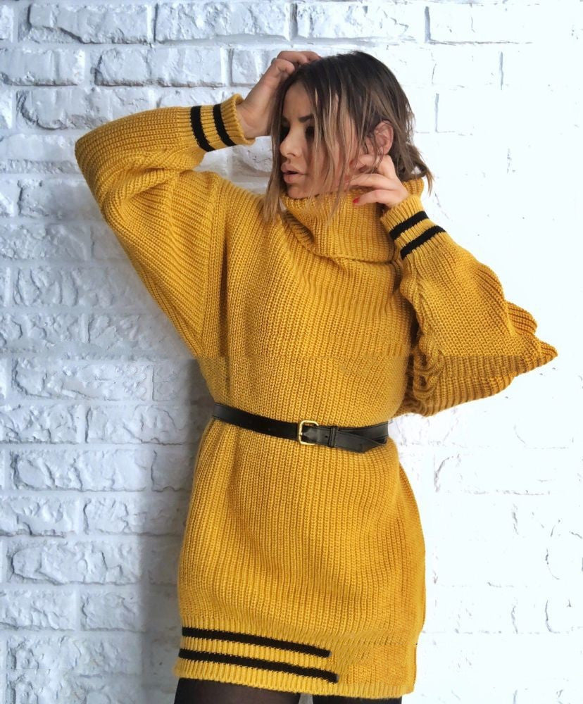 Europese en Amerikaanse Losvallend Gebreide Trui met Hoge Hals en Grote Strepen voor Dames & Meiden