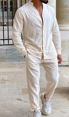 Casual 2-delige Set Linnen Effen Loungepak met Lange Mouwen voor Heren