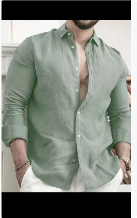 Trendy Linnen Overhemd in Effen Kleur met Lange Mouwen en Knoopsluiting voor Heren