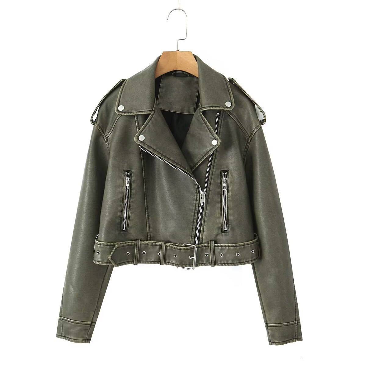 Street Hipster Fashion Washed Motorjacket van PU-Leer in Effen Kleur met Rits en Riemsluiting voor Dames