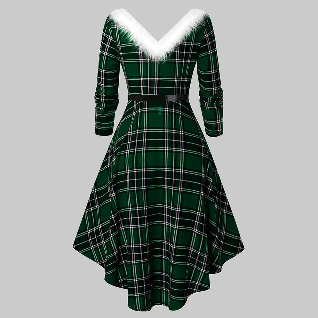 Kerstmis Elegante Artistieke Retro V-hals Kerstjurk met Imitatie Bont Patchwork en Lange Mouwen voor Dames & Plus-size