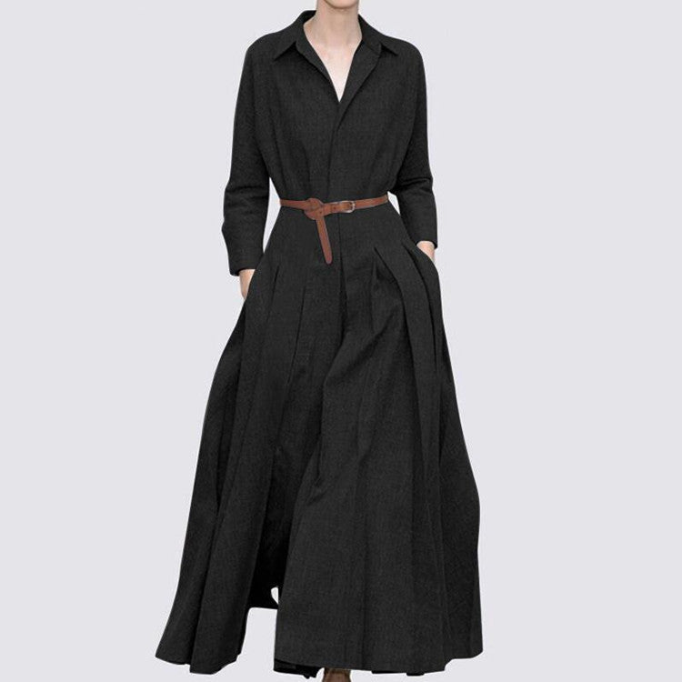 Elegante Casual/Business Kantoenen Linnen in Effen Kleur Revers Maxi-jurk met Lange Mouwen en Riem voor Dames & Plus-size