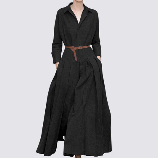 Elegante Casual/Business Kantoenen Linnen in Effen Kleur Revers Maxi-jurk met Lange Mouwen en Riem voor Dames & Plus-size