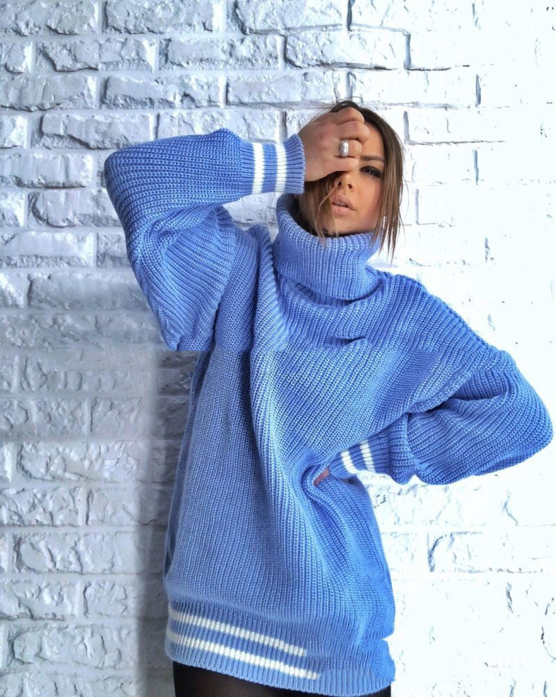 Europese en Amerikaanse Losvallend Gebreide Trui met Hoge Hals en Grote Strepen voor Dames & Meiden