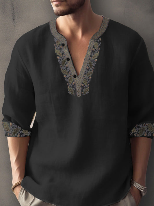 Europese Casual Oversized Kleurmatching Bamboe Linnen T-shirt met 3D Bedrukte Henleykraag en Lange Mouwen voor Heren