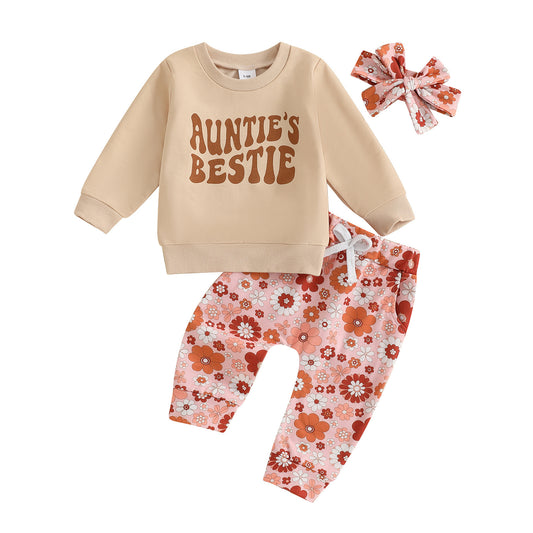 Europese en Amerikaanse 3-deligset Sweatshirt met Tekstprint Sweatshirt Haardband met Strik & Broek met Bloemenprint voor Meisjes