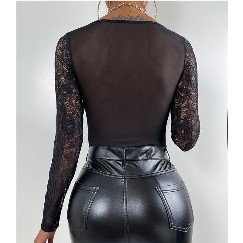 Europese Effen Kleur Doorschijnende Geplooide Hoogwaardige Slim-Fit Bodysuit van Kant met Diepe V-hals en Lange Mouwen voor Dames & Meiden