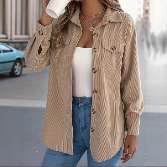Amerikaanse Casual Halflang Gestreepte Corduroy Overhemd met Knoopsluiting voor Dames & Plus-size