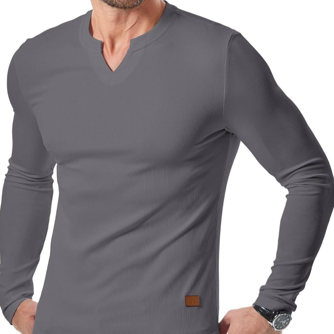 Fashion Casual Effen Kleur Slim Fit T-shirt met Kleine V-hals en Lange Mouwen voor Heren & Jongens