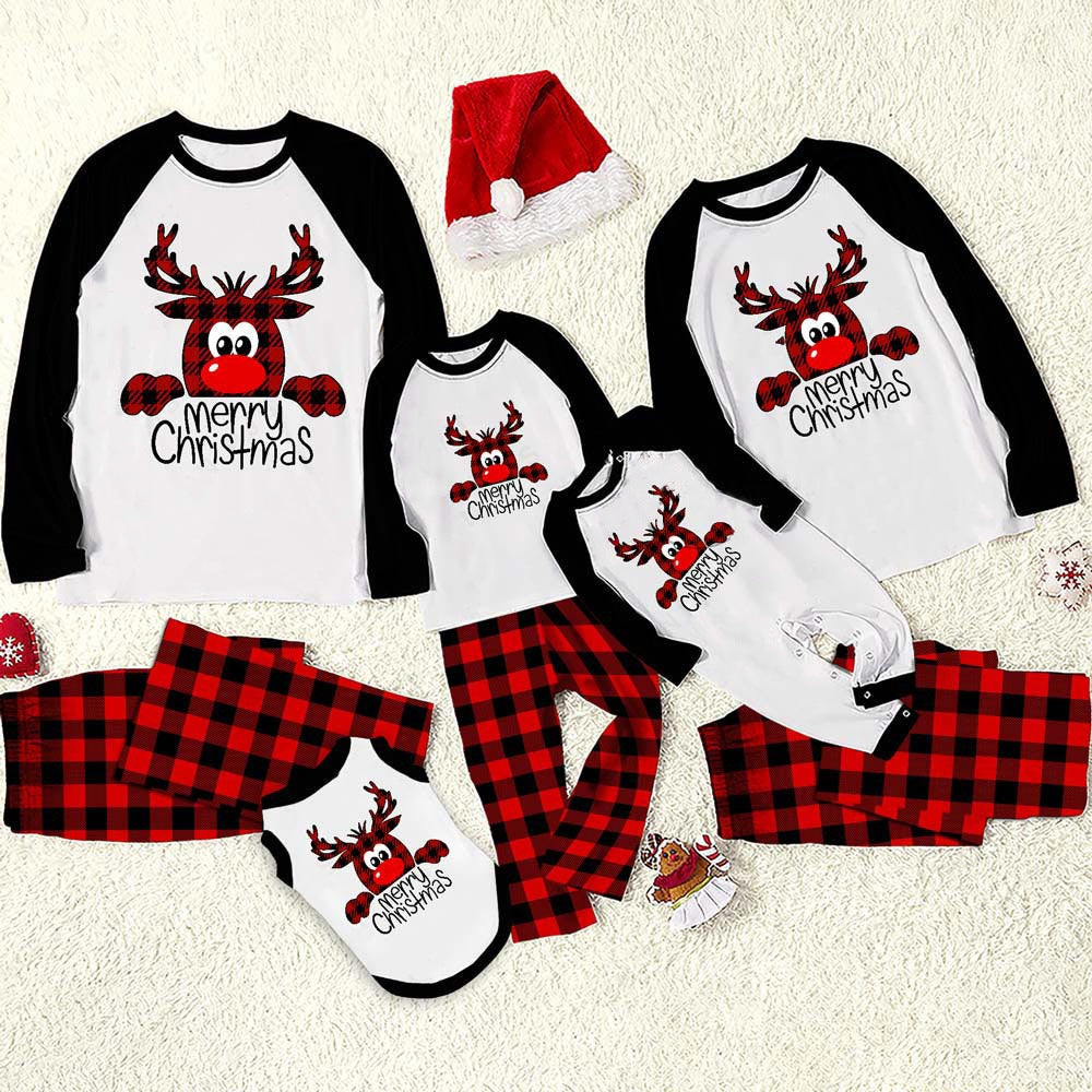 Kerstmis Familie Matching Geruite Kerstpyjama's Sets met Rudolph Print  voor Gezin & Koppels